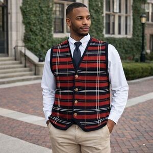 Vtg Mens Woods & Gray Sweater Vest Sz Large Cable Knit Blue Red Plaid Button Up